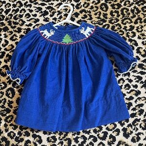 Edgehill Collection Royal Blue Smocked Dress with Festive Embroidery, 3 month